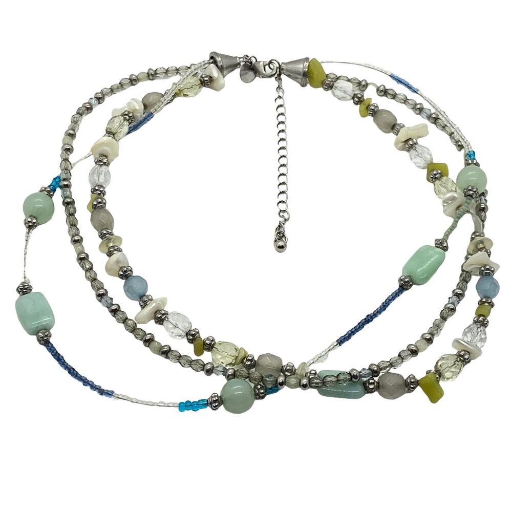 Lia Sophia Necklace Womens Silver Tone Three Strand Stone Crystal Shell Beaded